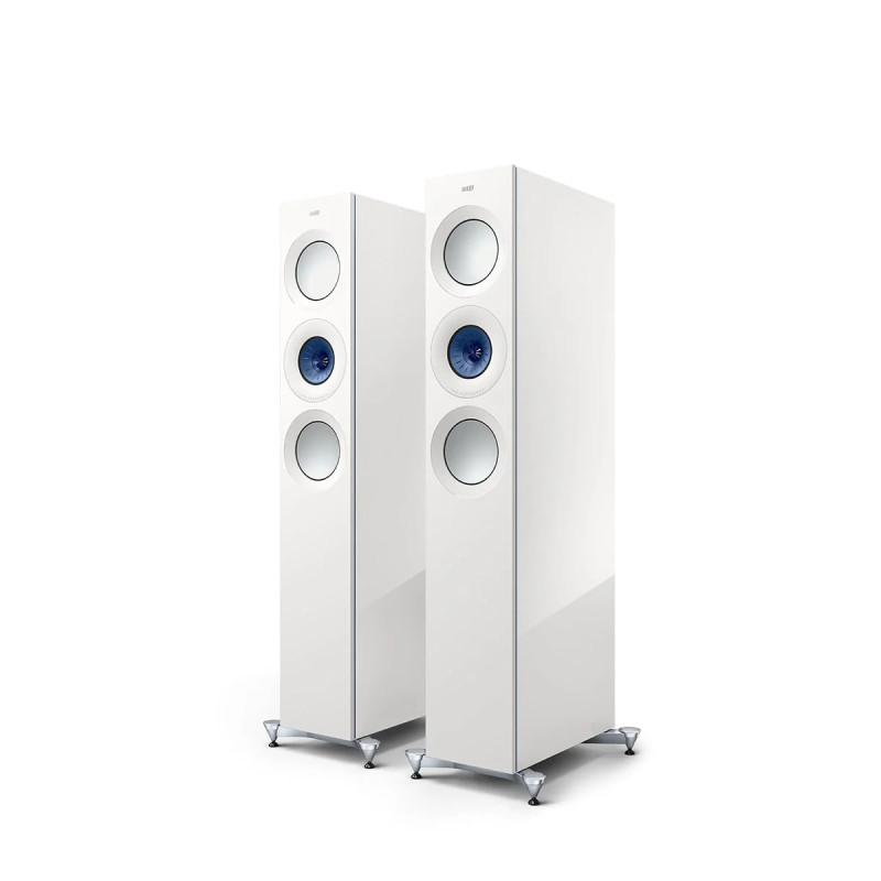 KEF REFERENCE 3 META enceintes colonnes hi-fi finition blanc bleu, paire vue trois quarts sur socles