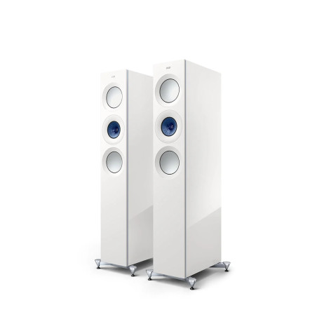KEF REFERENCE 3 META enceintes colonnes hi-fi finition blanc bleu, paire vue trois quarts sur socles