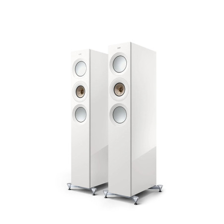 KEF Reference 3 Meta paire enceintes colonnes Hi-Fi finition blanche, driver Uni-Q cuivre, vue trois quarts sur socles