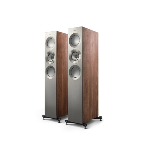 KEF REFERENCE 3 META enceinte colonne Hi-Fi finition noyer argent, paire vue trois quarts avec socle