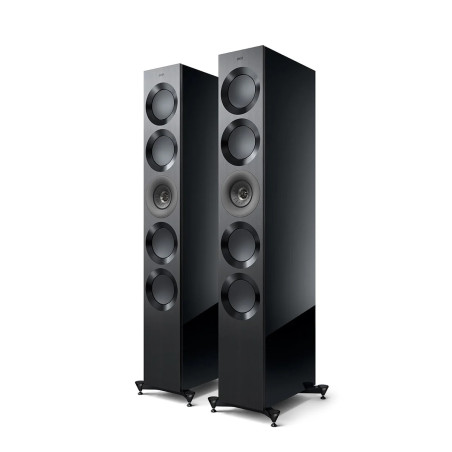 KEF REFERENCE 5 META enceinte colonne Hi-Fi paire, finition noir laqué vue trois quarts avec socles