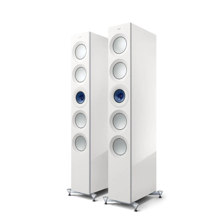 KEF REFERENCE 5 META paire d'enceintes colonnes Hi-Fi finition blanc avec haut-parleurs Uni-Q bleus, vue trois quarts