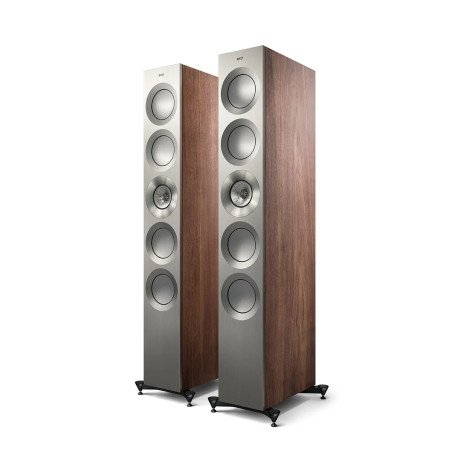 KEF REFERENCE 5 META enceinte colonne HI-FI finition noyer argent, paire vue trois quarts cinq haut-parleurs