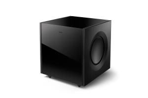 KEF REFERENCE 8B caisson de basses, vue trois quarts façade verre noir et haut-parleur latéral