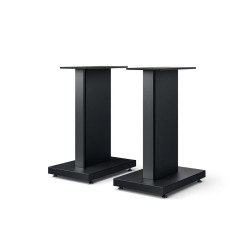 KEF REFERENCE S-RF1 pieds enceintes finition noir, paire vue de trois quarts avec base et colonne centrale
