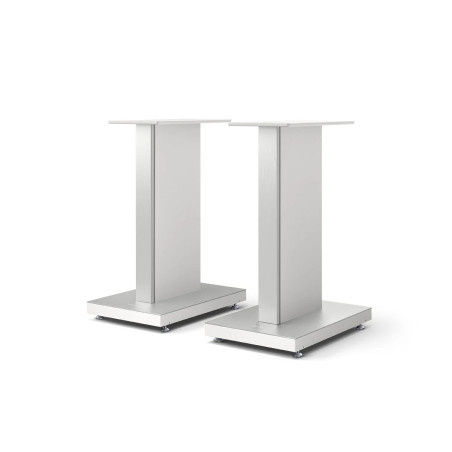 KEF REFERENCE S-RF1 pieds d'enceintes finition blanc, paire vue de trois quarts avec base rectangulaire et colonne centrale