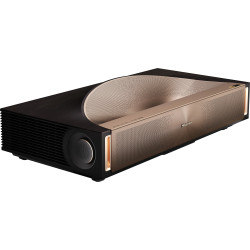 HISENSE L9Q projecteur ultra courte focale, vue arrière trois quarts optique et finition cuivrée