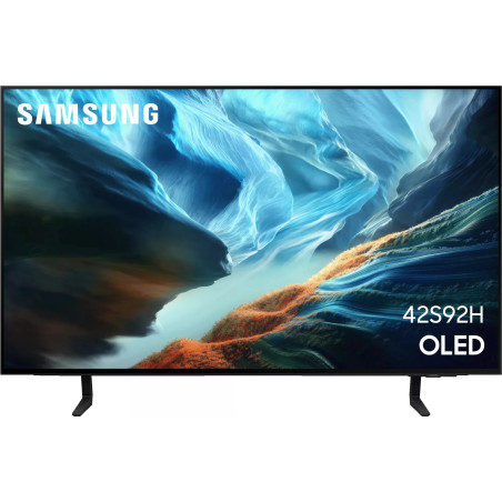 SAMSUNG TQ42S92H TV OLED 42 pouces, vue de face écran allumé paysage glacier sur pieds noirs