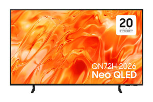 SAMSUNG TQ43QN72H TV Neo QLED 43 pouces, vue de face écran allumé visuel orange sur pied central