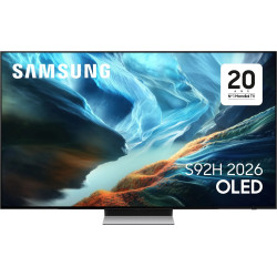 SAMSUNG TQ48S92H TV OLED 48 pouces, vue de face sur pied central avec écran allumé paysage bleu