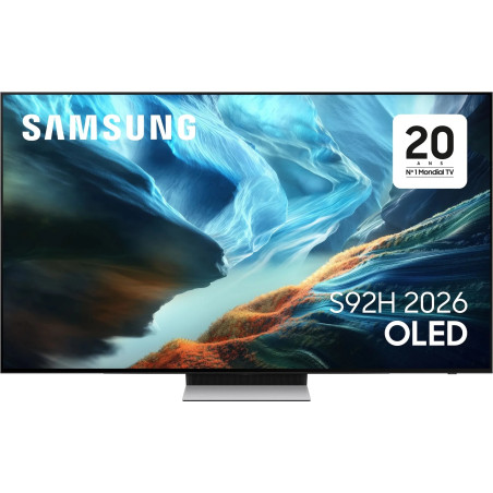 SAMSUNG TQ48S92H TV OLED 48 pouces, vue de face sur pied central avec écran allumé paysage bleu