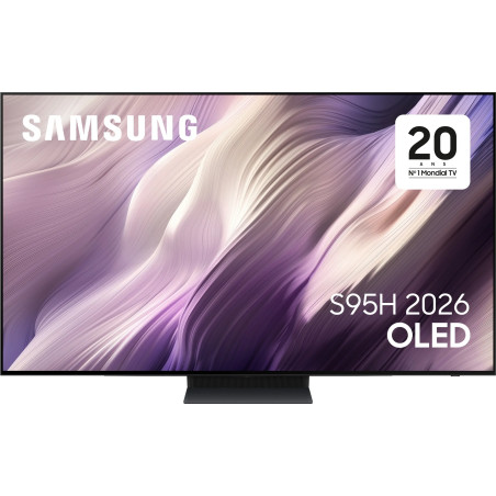 SAMSUNG TQ48S95H TV OLED 4K 48 pouces, écran allumé visuel violet sur pied central vue de face