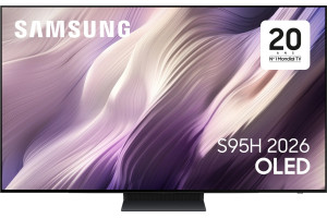 SAMSUNG TQ48S95H TV OLED 4K 48 pouces, écran allumé visuel violet sur pied central vue de face