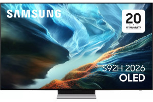 SAMSUNG TQ55S92H TV OLED 55 pouces, vue de face écran allumé sur pied central métallique