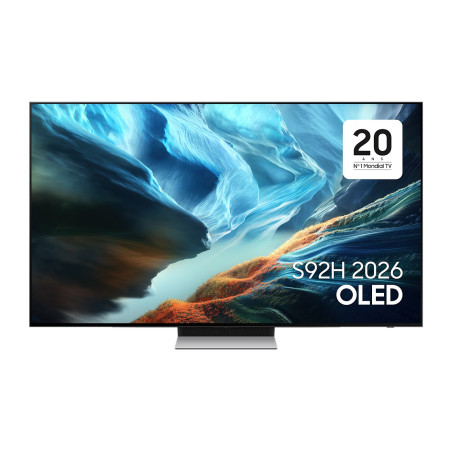 SAMSUNG TQ65S92H TV OLED 65 pouces, vue de face sur pied central avec écran allumé paysage bleu