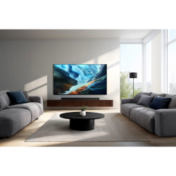SAMSUNG TQ65S92H TV OLED 65 pouces en situation, salon moderne avec canapés gris et barre de son