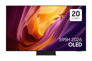 SAMSUNG TQ65S95H TV OLED 65 pouces, vue de face sur pied central avec écran allumé motifs colorés
