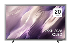 SAMSUNG TQ77S99H TV OLED 77 pouces, écran 4K cadre argent vue de face avec pieds noirs