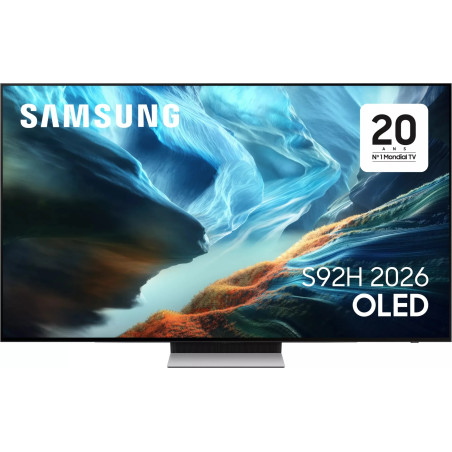 SAMSUNG TQ83S92H TV OLED 83 pouces, écran face avec dalle allumée et pied central métallique
