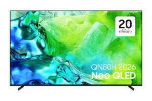 SAMSUNG TQ85QN80H TV Neo QLED 85 pouces, écran 4K vue de face sur pieds avec affichage coloré