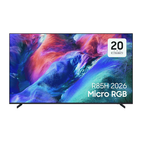 SAMSUNG TMR65R85H TV Micro RGB 65 pouces, écran allumé visuel coloré, vue de face sur pieds