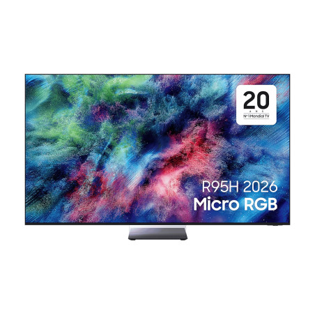 SAMSUNG TMR65R95H TV Micro RGB 65 pouces, écran allumé visuel coloré et pied central vue de face