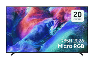 SAMSUNG TMR85R85H TV Micro RGB 85 pouces, écran couleurs vives vue de face sur pieds