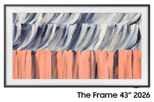 SAMSUNG The Frame 43" (43LS03H) TV QLED Lifestyle 4K avec cadre noir et œuvre d'art abstraite à l'écran