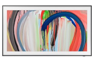SAMSUNG The Frame 55" (55LS03H) TV QLED Lifestyle, vue de face cadre noir mode art peinture abstraite colorée