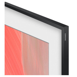 SAMSUNG The Frame 55" (55LS03H) TV QLED, gros plan angle supérieur cadre noir et logo Samsung
