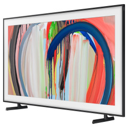 SAMSUNG The Frame 65" (65LS03H) TV QLED 4K sur pieds, vue de trois quarts gauche cadre noir