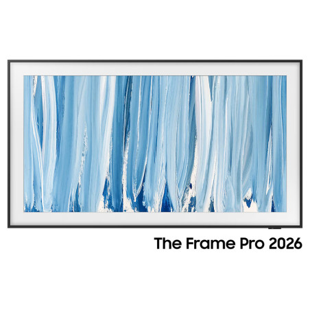 SAMSUNG The Frame Pro 85" (85LS03HW) TV MiniLED Lifestyle, écran cadre face avec œuvre abstraite bleue