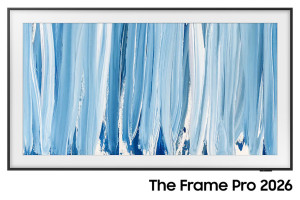 SAMSUNG The Frame Pro 85" (85LS03HW) TV MiniLED Lifestyle, écran cadre face avec œuvre abstraite bleue