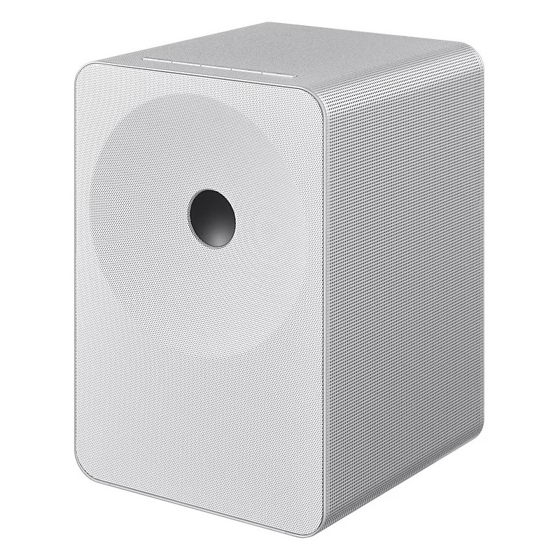 SAMSUNG Music Studio 7 LS70H enceinte connectée blanche, vue trois quarts grille perforée et port acoustique central