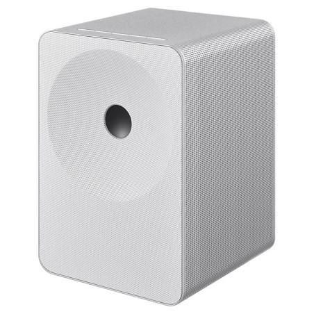 SAMSUNG Music Studio 7 LS70H enceinte connectée blanche, vue trois quarts grille perforée et port acoustique central