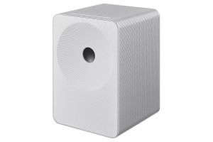 SAMSUNG Music Studio 7 LS70H enceinte connectée blanche, vue trois quarts grille perforée et port acoustique central