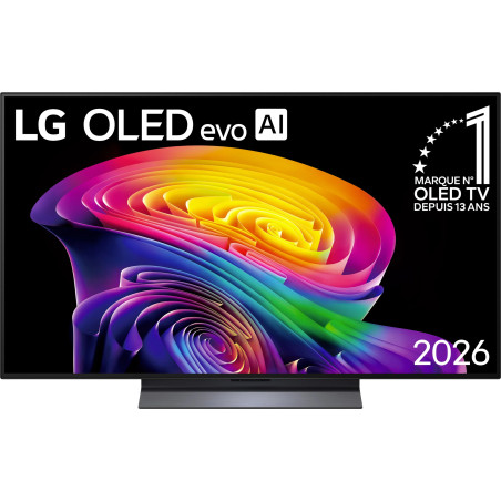 LG OLED48C6 TV OLED evo AI 4K, vue de face écran allumé motif coloré et logo marque n°1 OLED