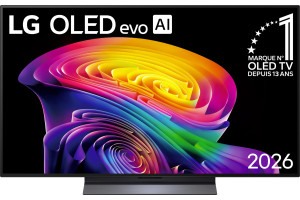 LG OLED48C6 TV OLED evo AI 4K, vue de face écran allumé motif coloré et logo marque n°1 OLED