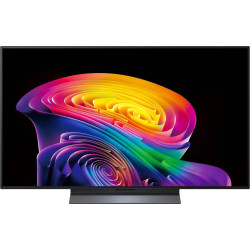 LG OLED48C6 TV OLED evo, vue de face sur pied central métallique motif coloré à l'écran