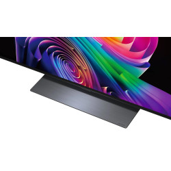 LG OLED48C6 TV OLED, détail du pied central en aluminium brossé et bas de la dalle