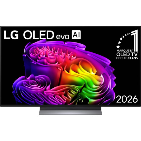 LG OLED48G6 TV OLED evo AI 4K, vue de face sur pied avec écran allumé et logo marque numéro 1 OLED