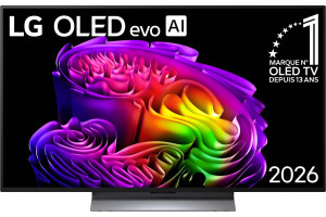 LG OLED48G6 TV OLED evo AI 4K, vue de face sur pied avec écran allumé et logo marque numéro 1 OLED