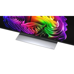 LG OLED48G6 TV OLED, détail du pied central métallique brossé avec logo LG OLED
