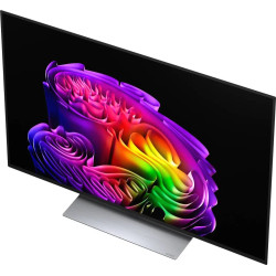 LG OLED48G6 TV OLED evo AI, vue plongeante de trois quarts sur pied argenté