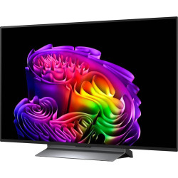 LG OLED48G6 TV OLED evo AI, vue de trois quarts droit écran allumé sur pied