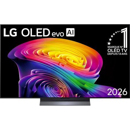 LG OLED55C6 TV OLED 55 pouces evo AI, vue de face écran allumé motif coloré sur pied central