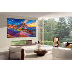 LG OLED77G6 TV OLED 77 pouces vue latérale, écran affichant montagnes colorées au coucher du soleil