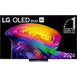 LG OLED83C6 TV OLED evo AI 2026, écran 83 pouces vue de face avec visuel coloré abstrait sur pied central