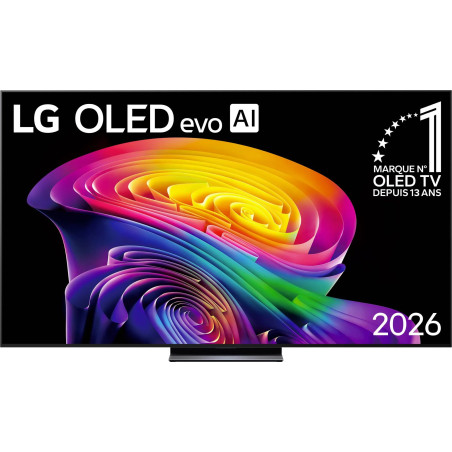 LG OLED83C6 TV OLED evo AI 2026, écran 83 pouces vue de face avec visuel coloré abstrait sur pied central