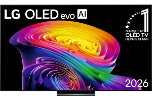 LG OLED83C6 TV OLED evo AI 2026, écran 83 pouces vue de face avec visuel coloré abstrait sur pied central